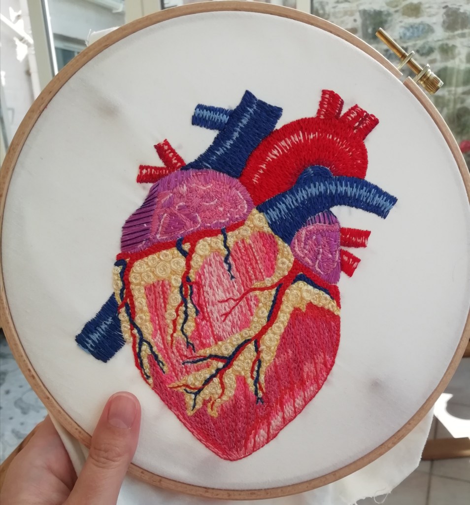 A hand holding a wooden embroidery hoop with a detailed hand-sewn embroidery of an anatomical heart, approximately life size.