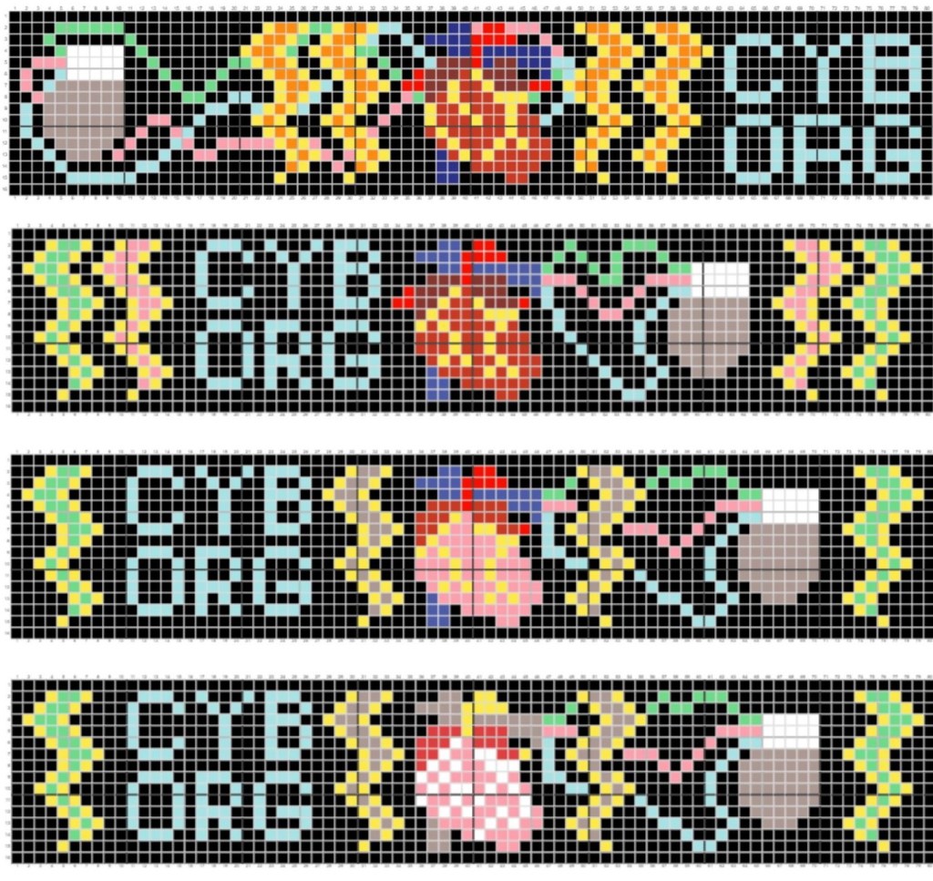 Four similar but different beaded bracelet designs - a black background with the word CYBORG, lightning bolts, a human heart and a cardiac device with three leads feeding into the heart.