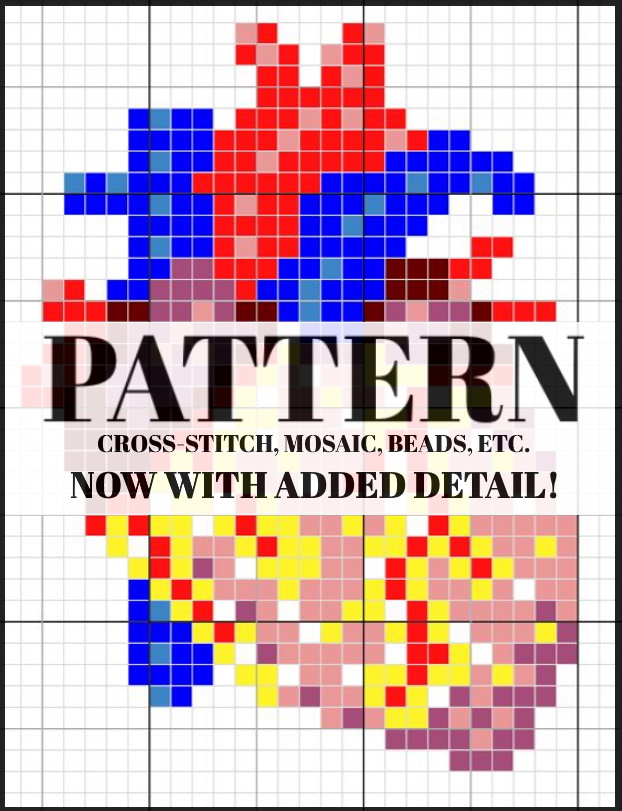 A pixelated/grid-based colour diagram of an anatomical human heart. Across the image is a banner with the words "Pattern. Cross-stitch, mosaic, beads, etc. Now with added detail!"