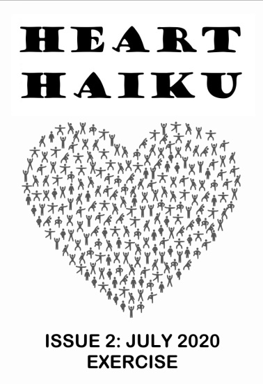 Black and white zine cover. Title: Heart Haiku. Subtitle: Issue 2, July 2020, Exercise. Image: a heart shape made up of tiny stick figures engaged in various forms of exercise/activity.