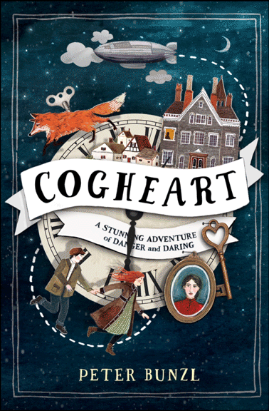 An animated version of the illustrated cover of Peter Bunzl's Cogheart - two children in Victorian dress run around a moving clockface with a fox.  A heart-shaped key, a portrait of a woman and some houses also feature. Snow falls against a dark sky in the background.