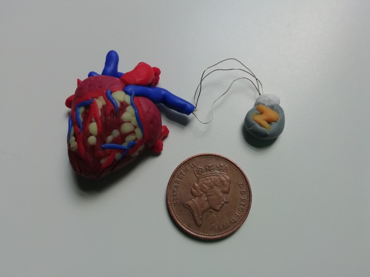 Beside a 1p piece to show the tiny scale, a human heart with grey cardiac device (attached by 3 wires) made of polymer clay.