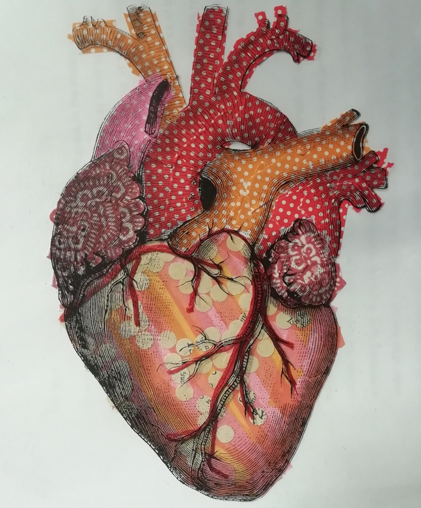 A collage of an anatomical heart made from paper in shades of orange, red, pink and muted yellow, with a detailed diagram of the same heart printed on acetate and overlaid on the collage.