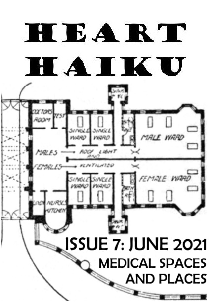 Black and white cover of zine. Text reads: "Heart Haiku. Issue 7: June 2021. Medical Spaces And Places." The image shows part of an old hospital floor plan, with rooms marked male ward, female, ward, single ward, nurses kitchen, doctors room, etc.