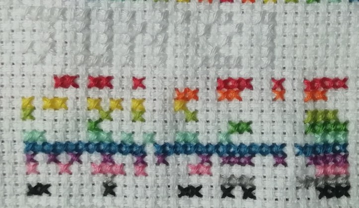 Close-up of the section for June 2021. Under "Jun '21" (stitched in white on white) is a rectangle of coloured stitches arranged in rows, one for each colour. The dark blue row (breathlessness) is almost full, other rows are more scattered. Towards the end of the month, a more solid block of colours can be seen.