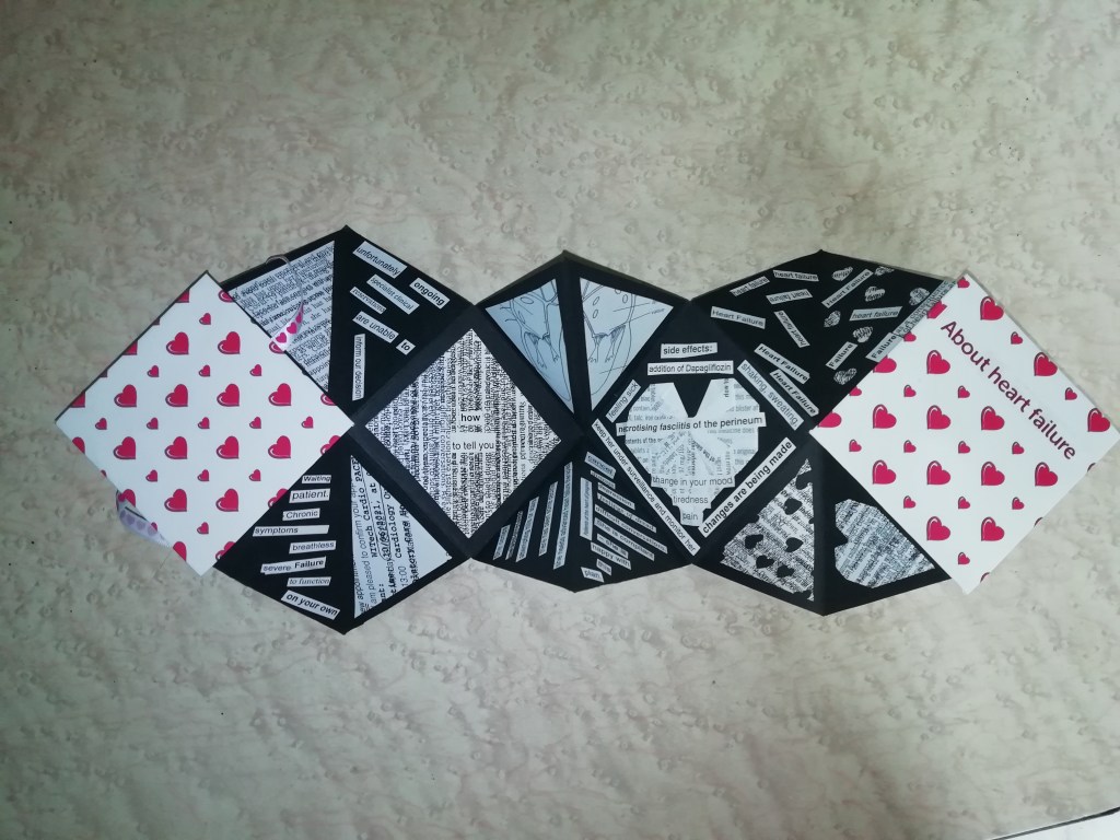 The book from the first image is lying open on a table top, showing the opposite side from that shown in image 2. The covers are visible at each end of the book from this angle. Rather than being assembled like a typical book, this one has been folded in various squares and triangles so that it explodes outwards when the ribbon is untied. The black sections have parts cut from patient information leaflets and medical letters arranged on each segment/page. Compared to the pages in the previous image, these pages are far more deconstructed, with individual words cut out, more overlapping layers of text and some pieces folded into origami hearts or cut into tiny heart shapes.