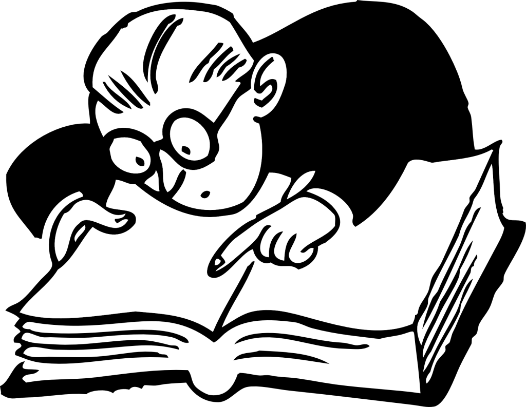 A black and white cartoon style image of a man in glasses with slicked back hair, leaning over a very thick book. He peers intently at the open pages, his mouth in a small O of concentration, while his finger points at something on the page.
