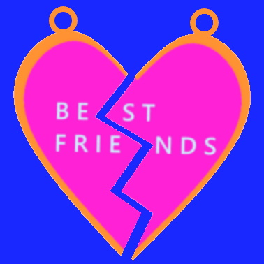 A simplified digital image of a stereotypical heart-shaped pendant pair with the words "best friends" written across them, half of each word on each half of the heart so they become readable when joined together.