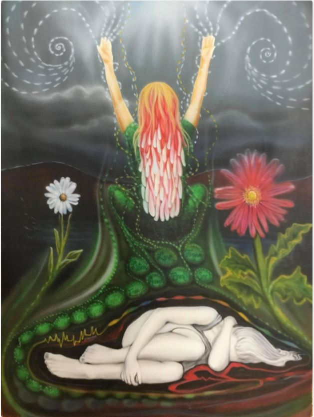 A painting. In front of a dark grey background/sky, a woman painted in white and grey lies on the ground in a foetal position. A broken heart lies on the ground beside her, bleeding into a cardiac tracing and rainbow outline, apparently feeding the two bright oversized flowers in the centre of the image. Between these flowers, a woman (shown from behind and with long flame coloured hair and a green dress) rises upwards with her hands held aloft. Dotted lines, reminiscent of light or energy, travel up her body and are emitted from her fingertips, forming spiral patterns of white and yellow against the dark grey sky.