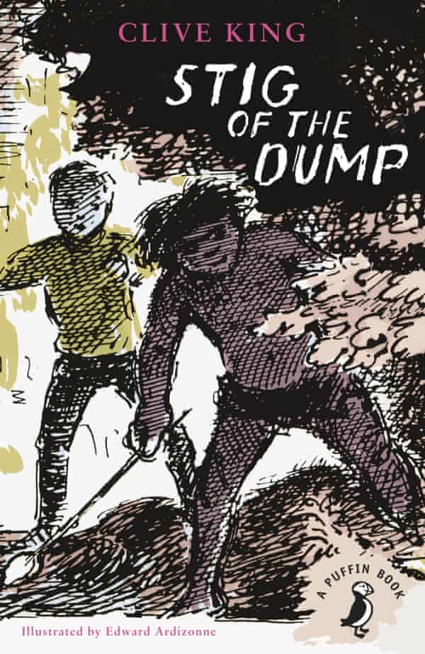 Book cover: Stig of the Dump by Clive King, published by Puffin, Illustrated by Edward Ardizonne. A pen and ink drawing of a messy-haired boy (wearing a loin cloth and holding a spear) peering out from behind some bushes. Behind him a boy in more contemporary trousers and jumper looks on.
