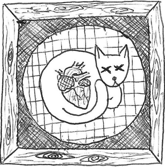 Drawing of a heart inside a dead cat inside a round container inside a square wooden box. 